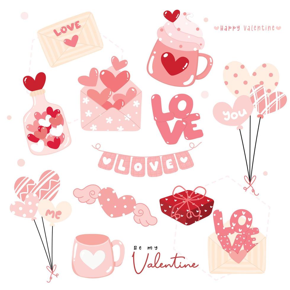 cute sweet Love heart Valentine day decoration elements collection flat design vector