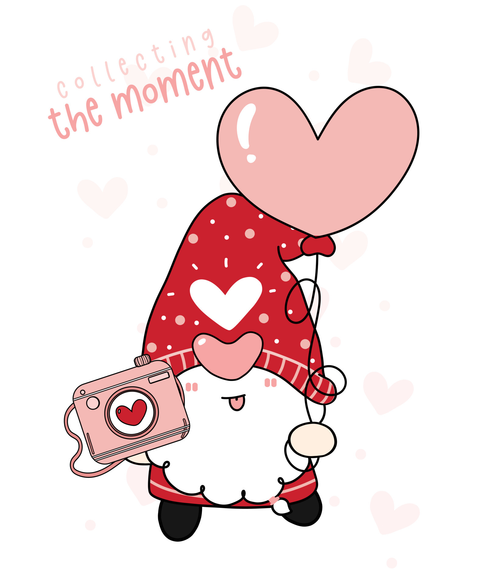Cute happy Valentine Gnome boy have camera and heart shape balloons, collecting the moment, cartoon drawing outline flat vector 5854301 Vector Art at Vecteezy