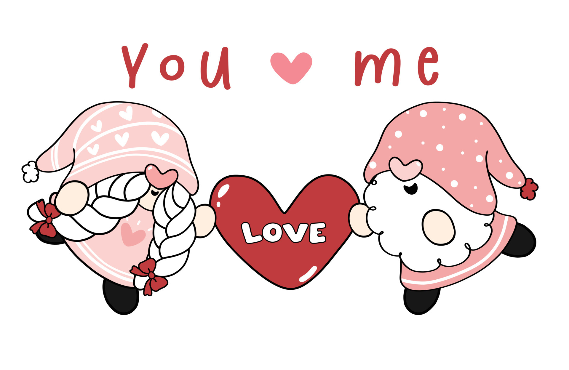 cute couple Valentine Gnomes in relationship holding heart with love text,  flat vector cartoon drawing outline 5854302 Vector Art at Vecteezy