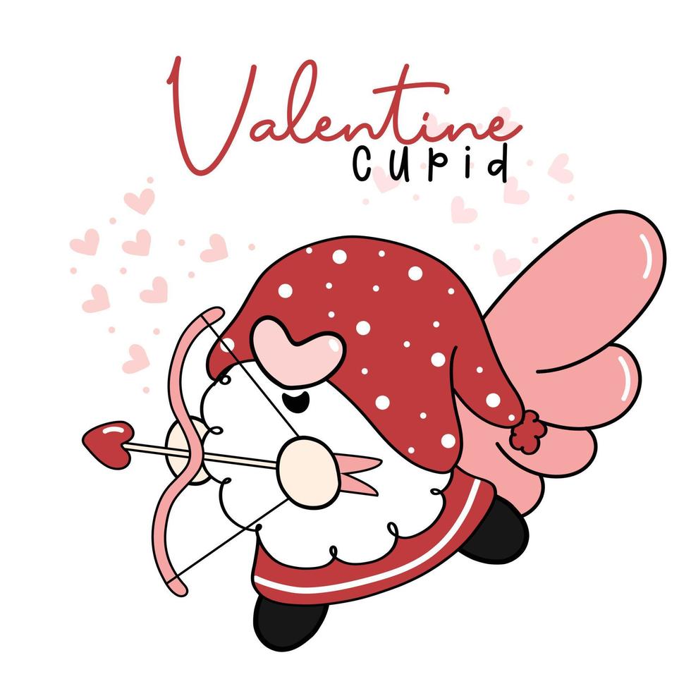 lindo gnomo rojo cupido de san valentín con tiro con arco de corazón, dibujo de dibujos animados vector plano de contorno