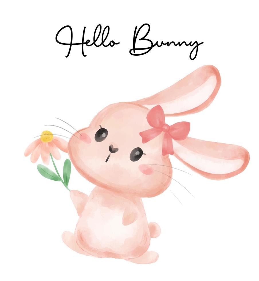 cute bunny rabbit girl give pink daisy flower cartoon watercolour ...