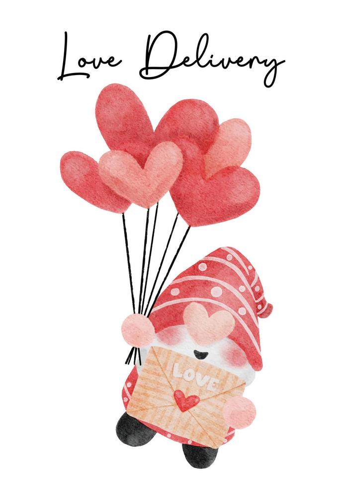 cute red Gnome with heart shape balloons and love letter watercolor cartoon vector hand painting, love delivery