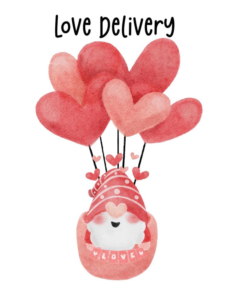 lindo gnomo rojo niño enamorado globos en forma de corazón acuarela dibujos animados vector pintura a mano, te amo gnomo