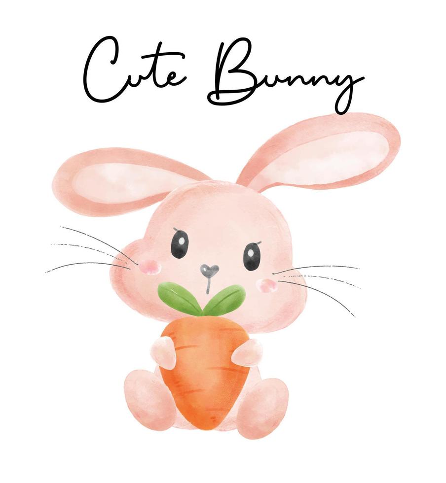 cute bunny rabbit girl smile hug carrot nursery baby cartoon watercolour vector, Cute bunny vector