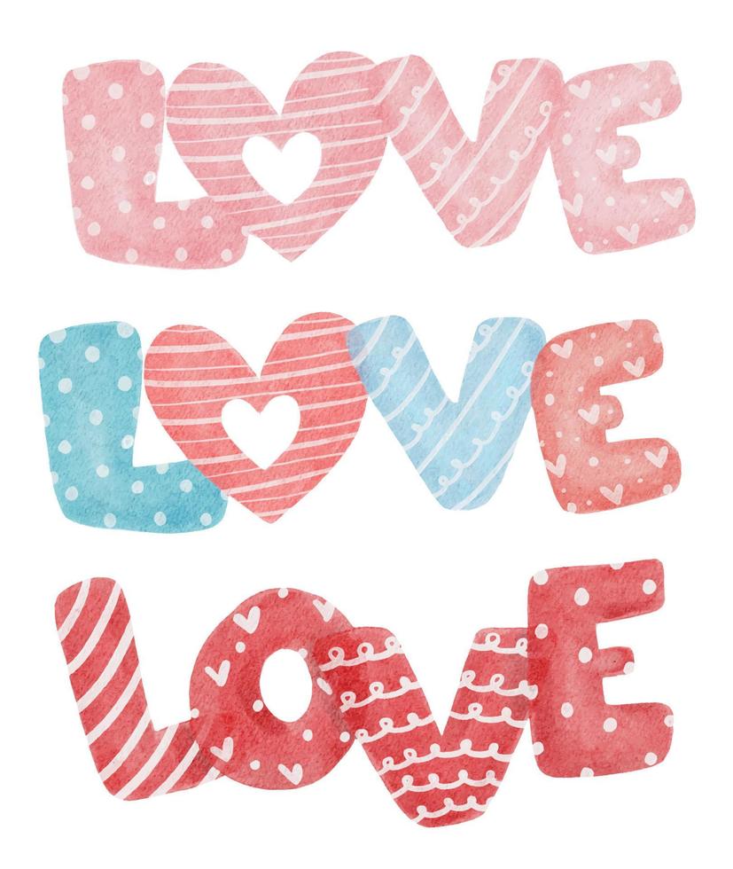 group of cute love word text collection in multiple style cartoon watercolor vector hand painting, love alphabet in red, pink and multiple color