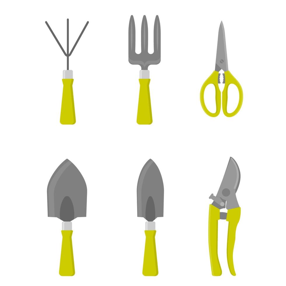 conjunto de equipos de jardín. rastrillo manual, llana, trasplantadora y tijera. ilustración aislada de vector plano