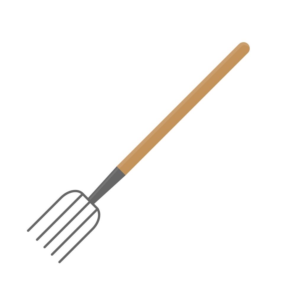 Cartoon pitchfork with wooden handle. Gardening tool for harvesting hay. vector