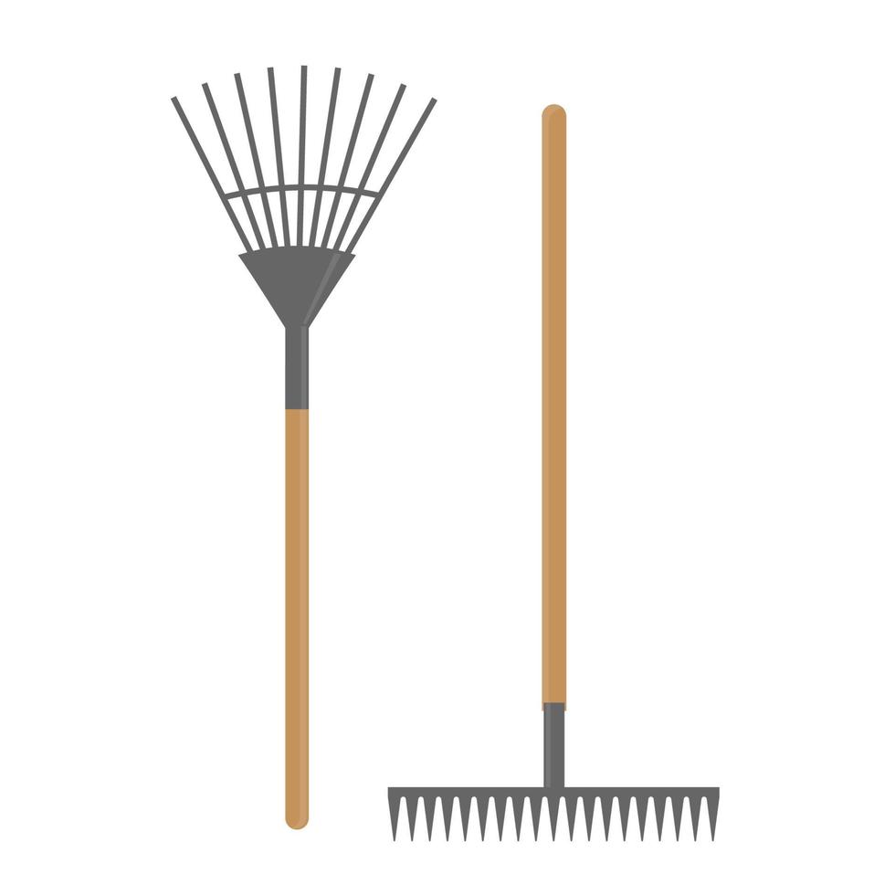 Set of rake and garden rake with wooden handles. Tools for gardening, farming, horticulture and agriculture in flat style vector