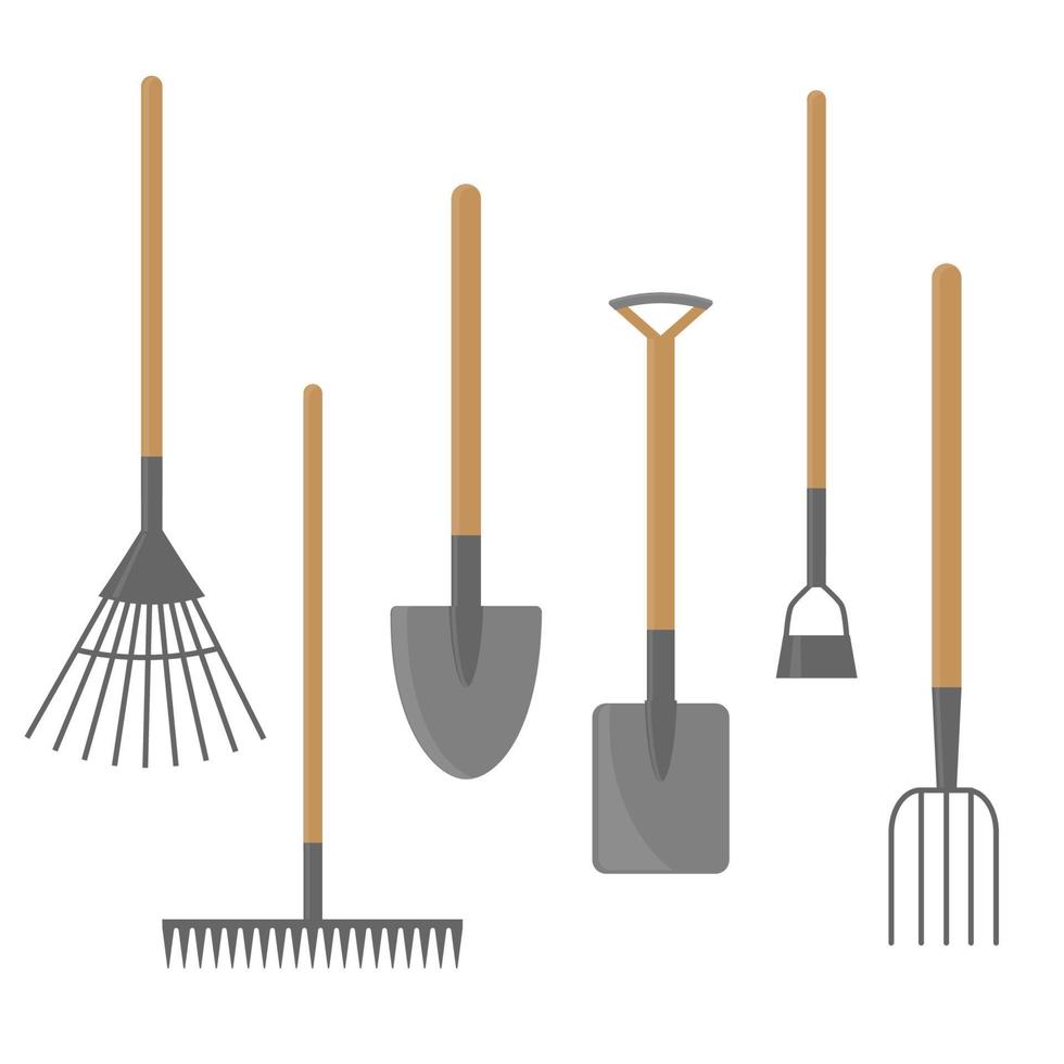 conjunto de equipos de jardín. rastrillo, tenedor, pala, pala y azada. ilustración aislada de vector plano