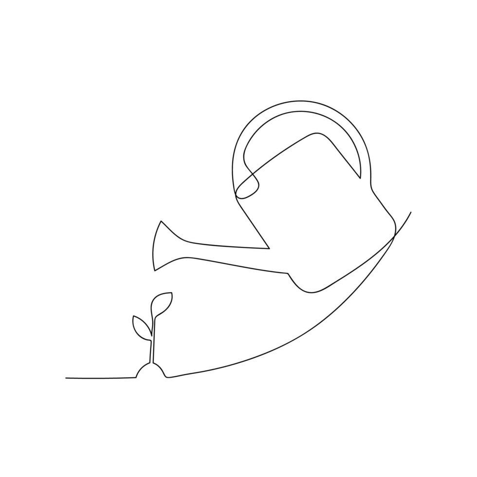 Hand drawn one line watering can and a plant. Plant care. Thin line illustration. vector