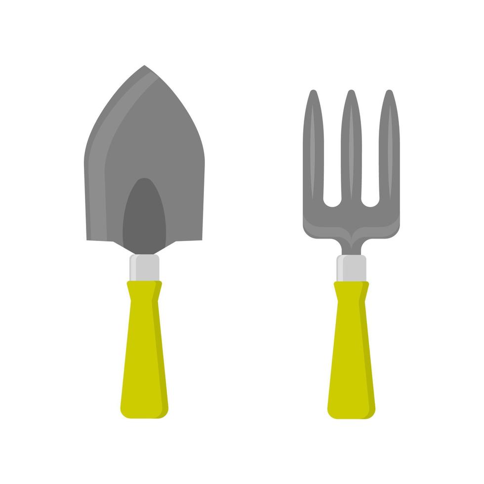Colorful garden trowel and garden fork. Gardening tools in flat style