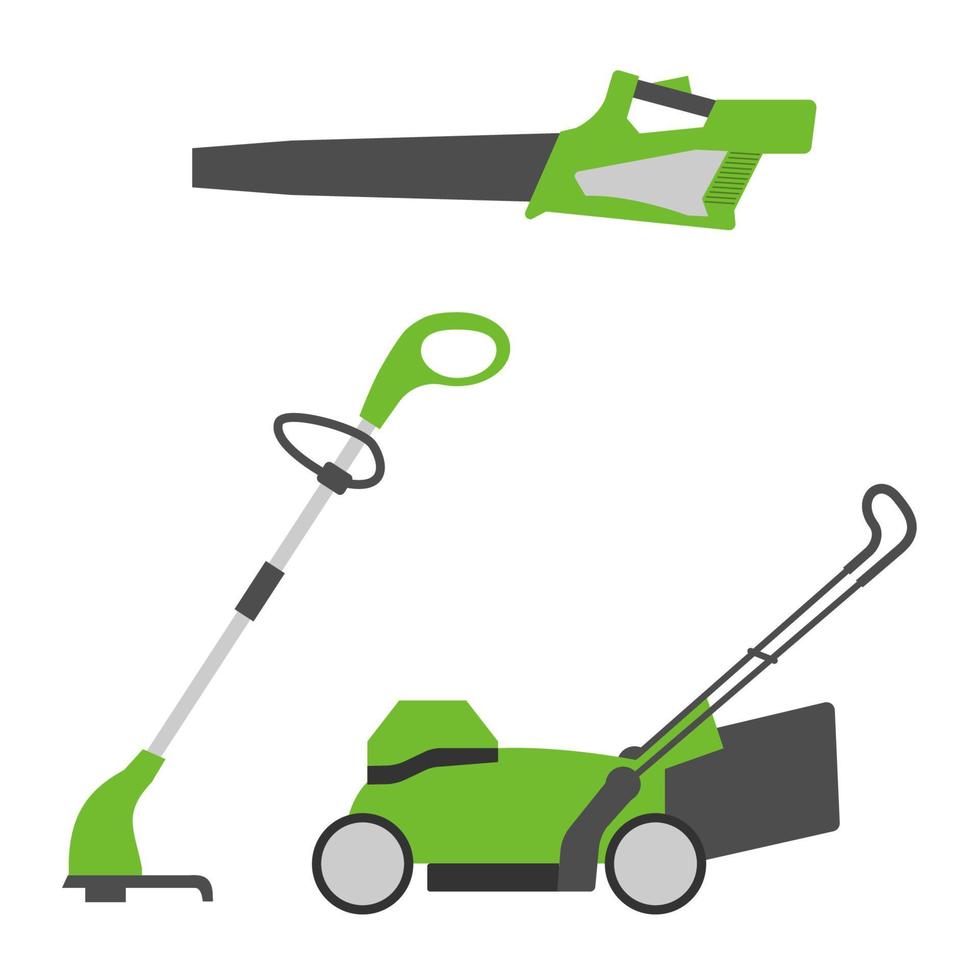 medios para la limpieza del césped. cortacésped, cortabordes y soplador de hojas. ilustración aislada de vector plano