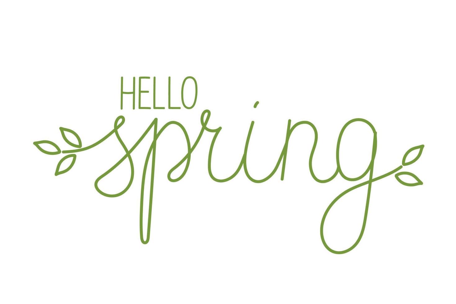 Hand drawn line art hello spring lettering text. Lettering spring season with leaf for greeting card, invitation template, poster and banner vector