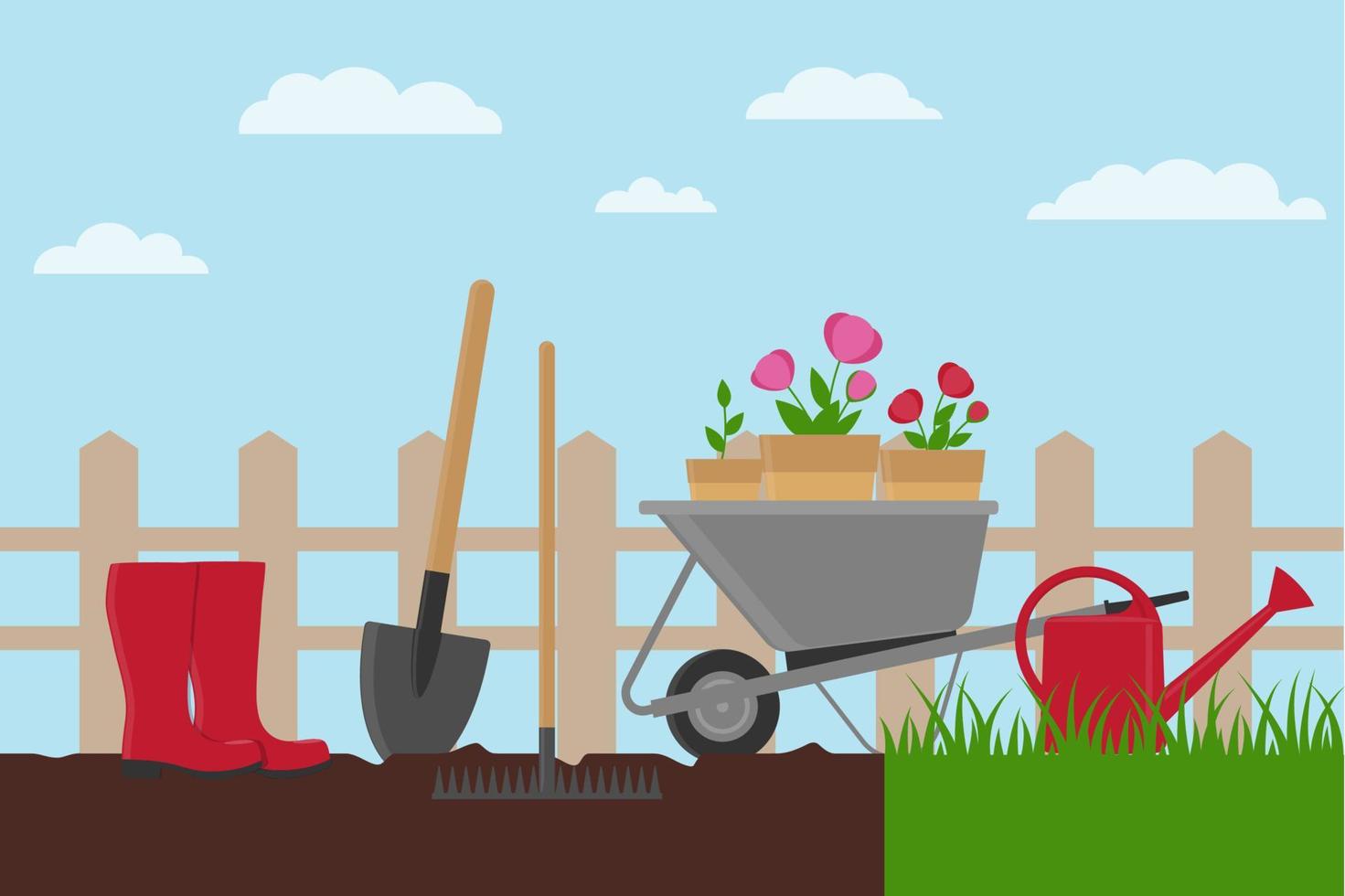 Spring landscape in the garden with garden tools. Wheelbarrow, water can, spade and pots with flowers. Template for banner, poster, flyer, card. vector