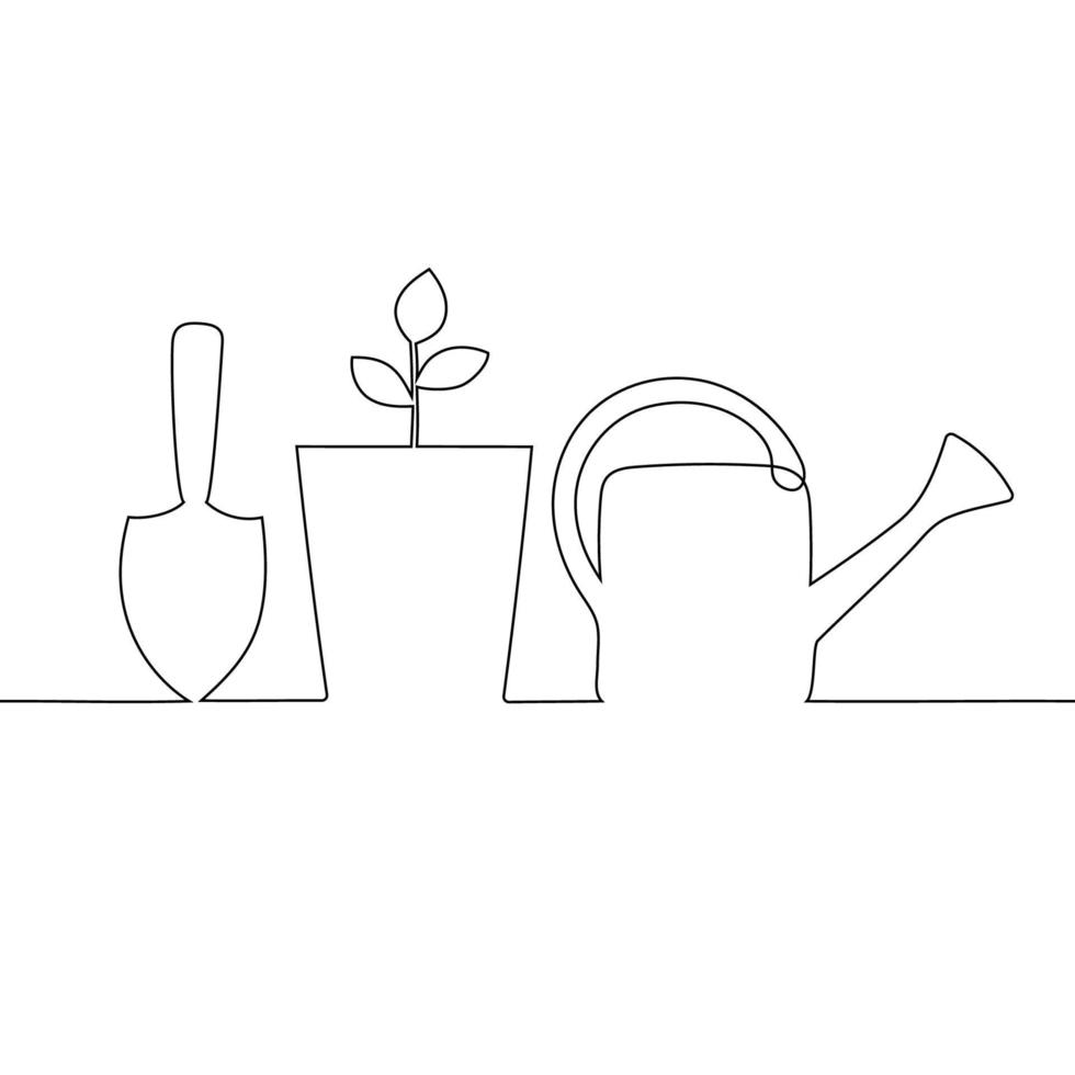 Hand drawn one line watering can, hand trowel and a plant in flowerpot. Plant care. Thin line illustration. vector