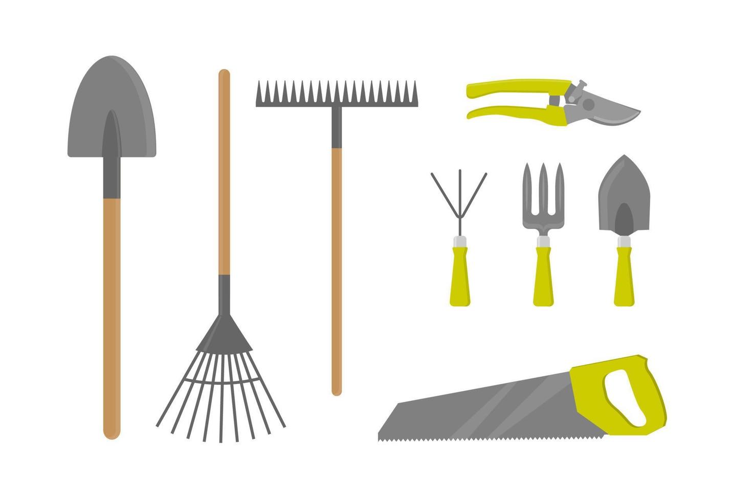 Set of colorful garden equipment. Rake, shovel, trowel, garden fork, secateurs and saw. Flat style vector