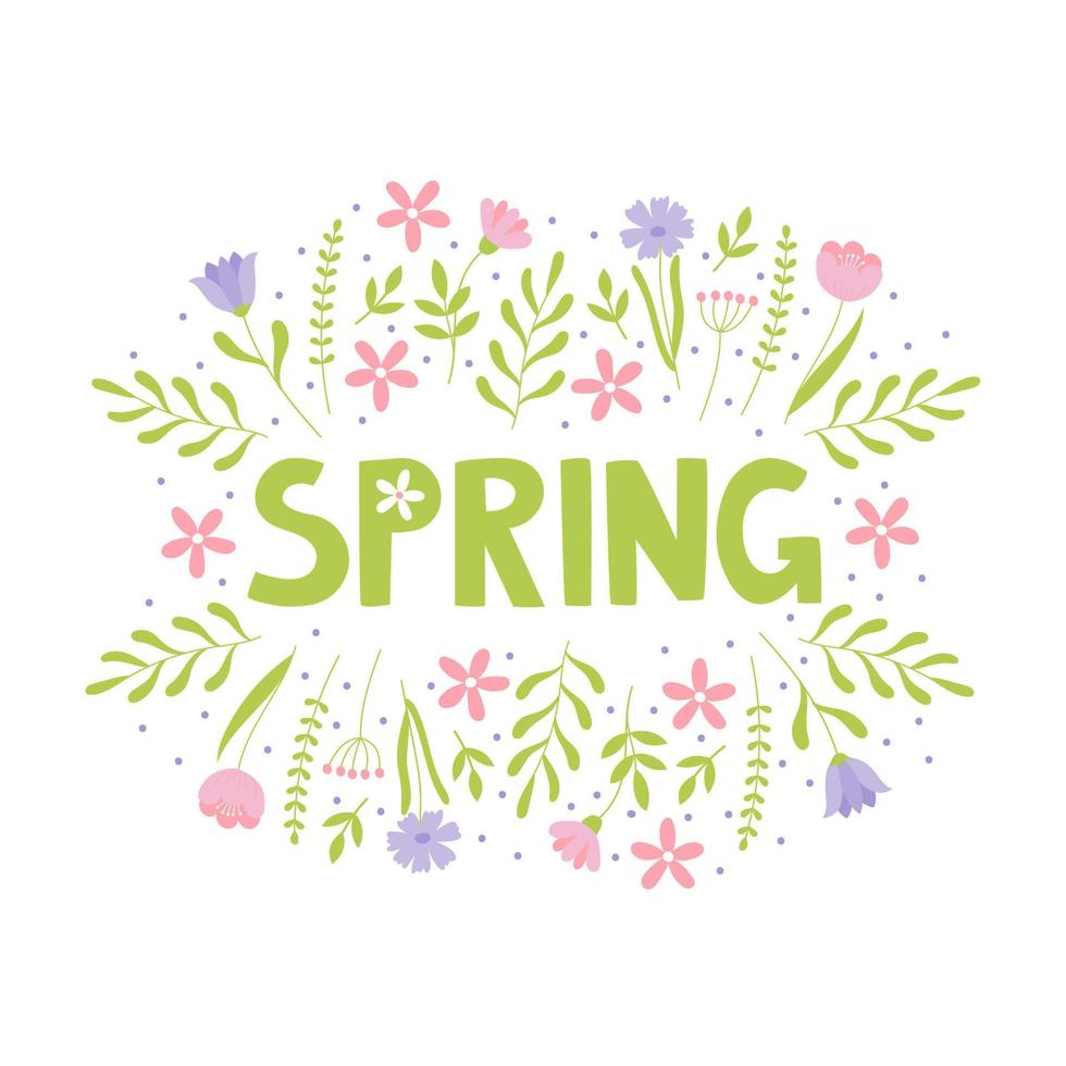 Hand drawn spring lettering text with flowers. Lettering spring season for greeting card, invitation template, poster and banner vector