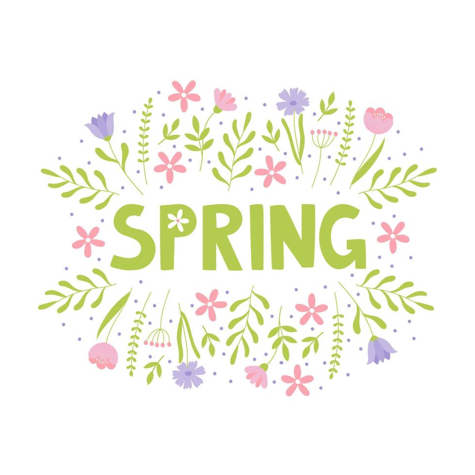 Texto de letras de primavera dibujado a mano con flores. Letras de temporada de primavera para tarjetas de felicitación, plantilla de invitación, afiche y pancarta. vector