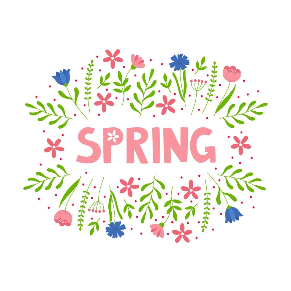 Texto de letras de primavera dibujado a mano con flores. Letras de temporada de primavera para tarjetas de felicitación, plantilla de invitación, afiche y pancarta. vector