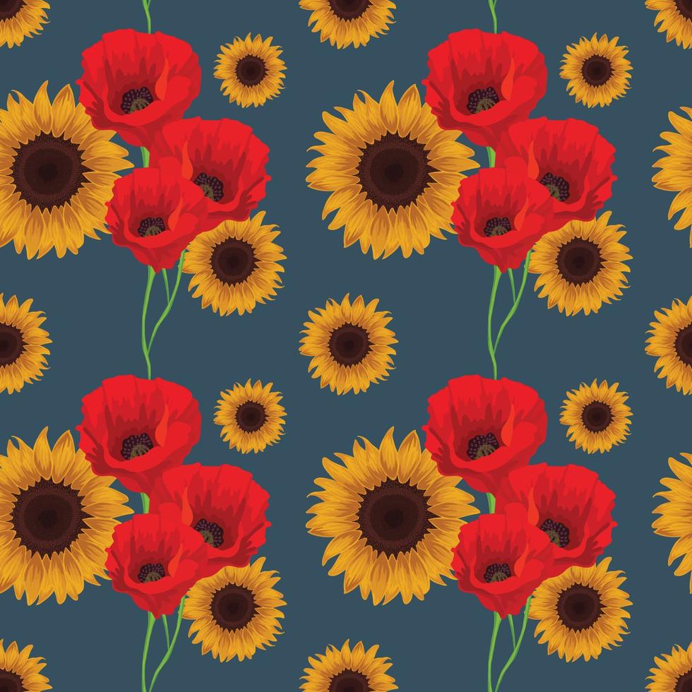 florals poppies and sunflowers seamless pattern vector