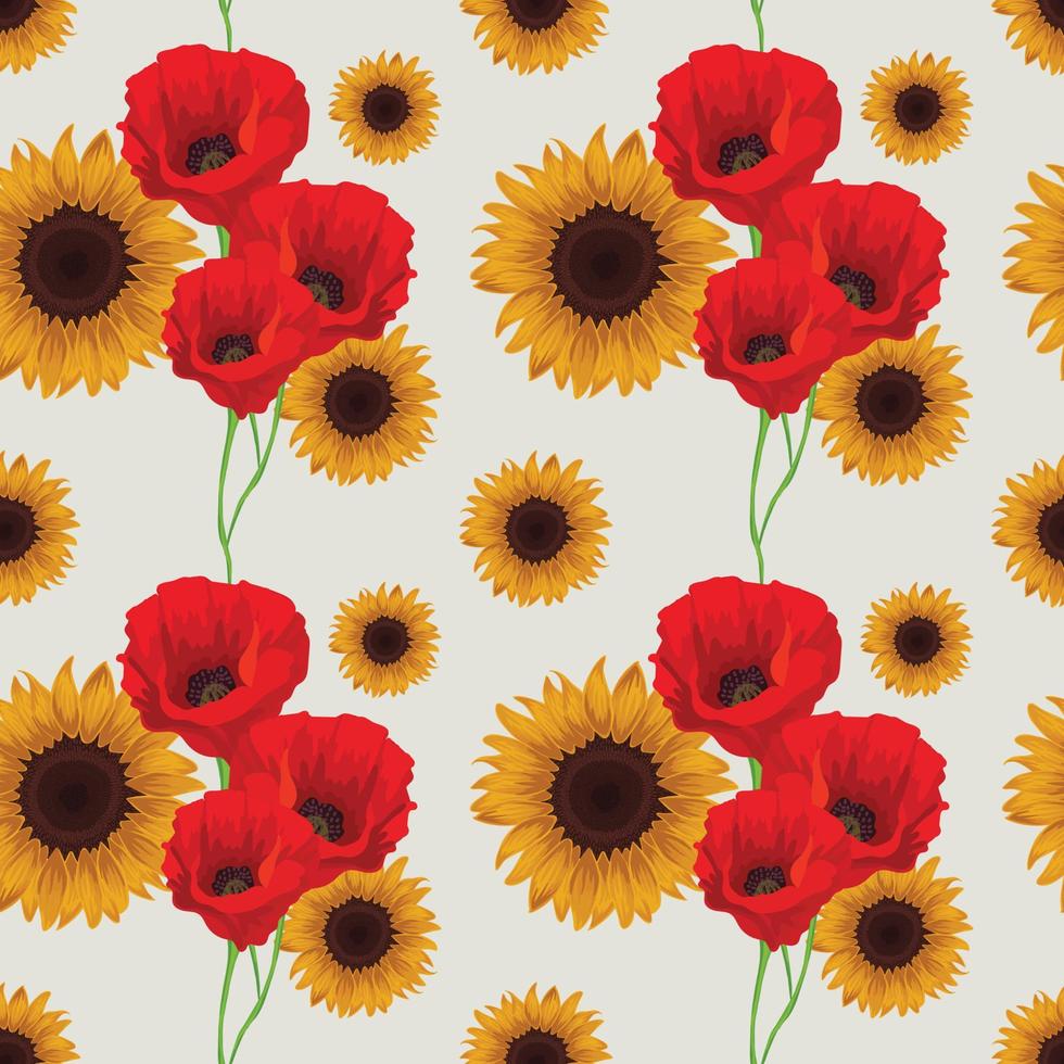 florals seamless poppies and sunflowers pattern vector