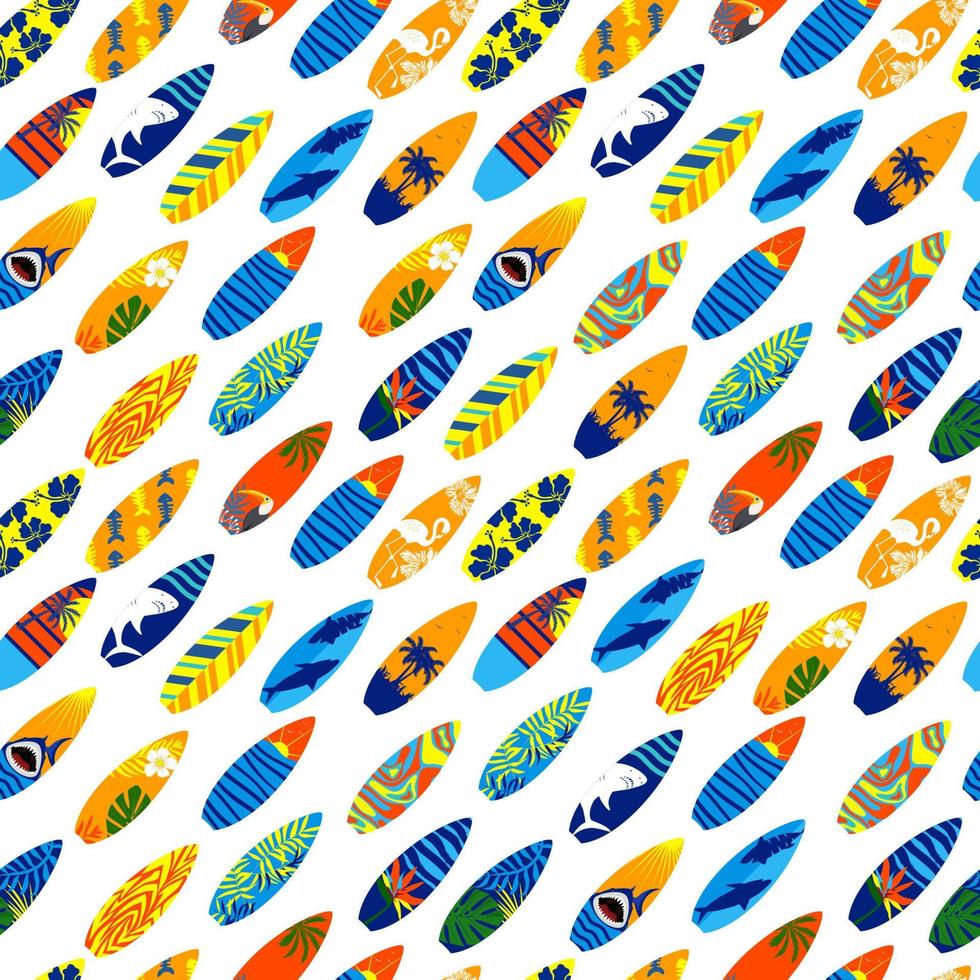 Seamless surfboards with sharks, flowers, leaves, palms, sun and sea. Bright prints for summer clothes. vector