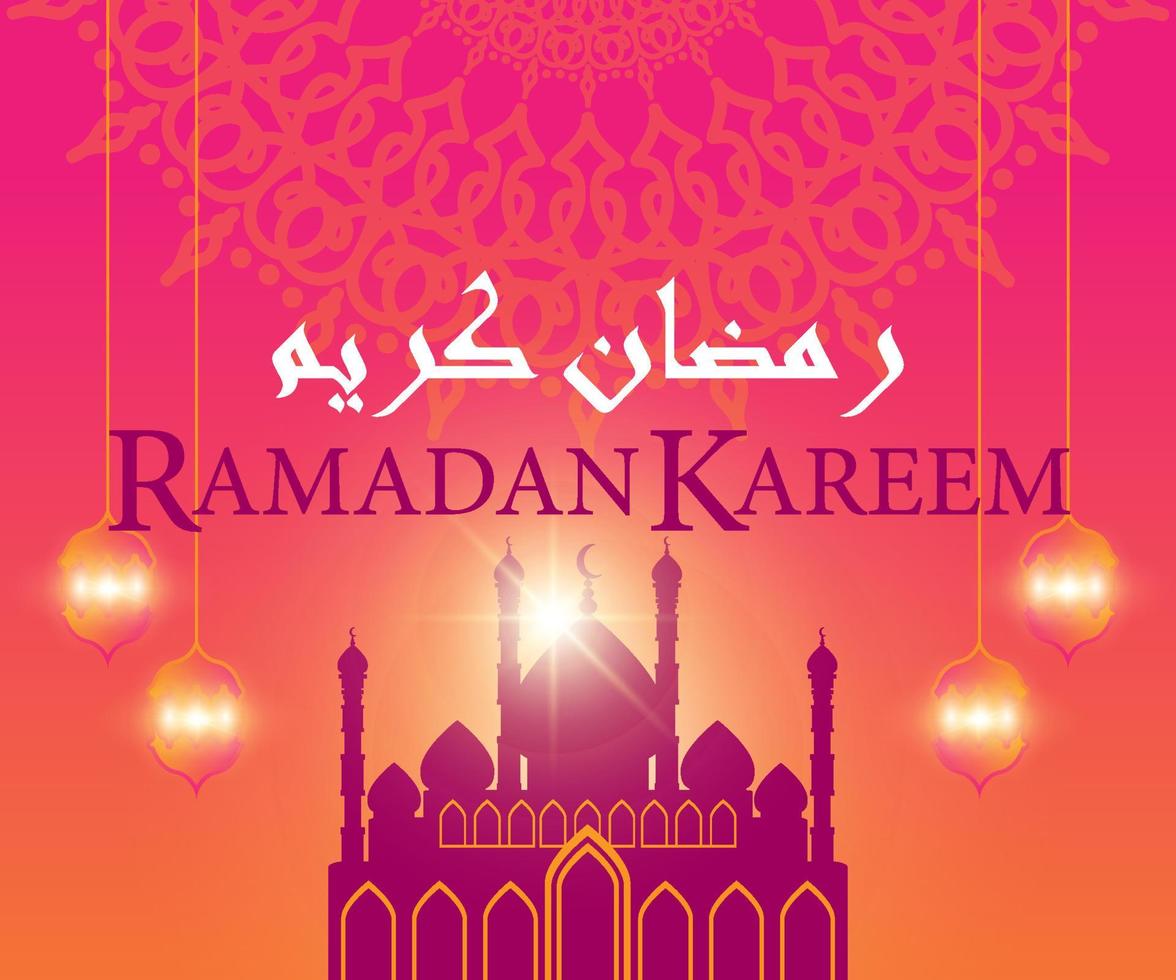 Illustration for Ramadan poster, moon ornament motif, mosque and chandelier, with golden light effect looks luxurious, good for banners, posters, promotional media in Ramadan vector