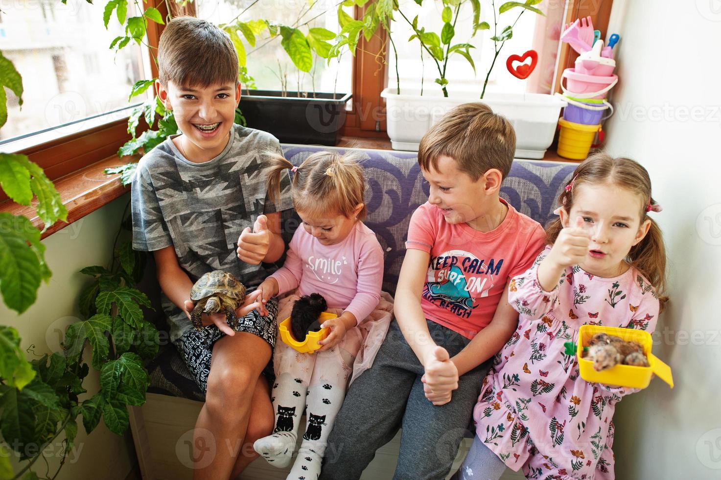 cuatro niños con sus mascotas favoritas en las manos. niños jugando con hámster, tortuga en casa. foto