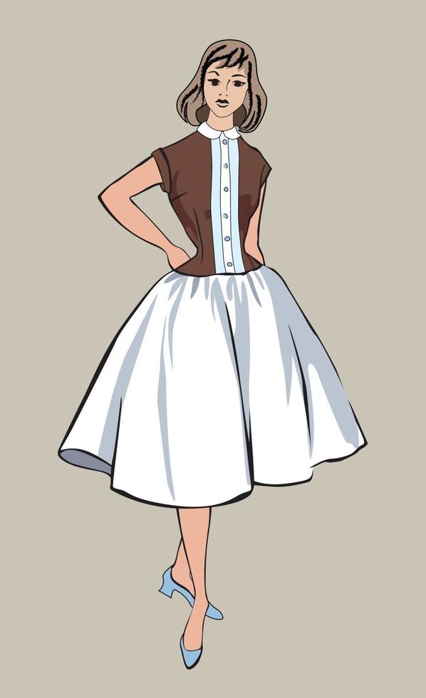 Elegante paño mujer moda niña estilo años 60 vestido de verano vintage vector