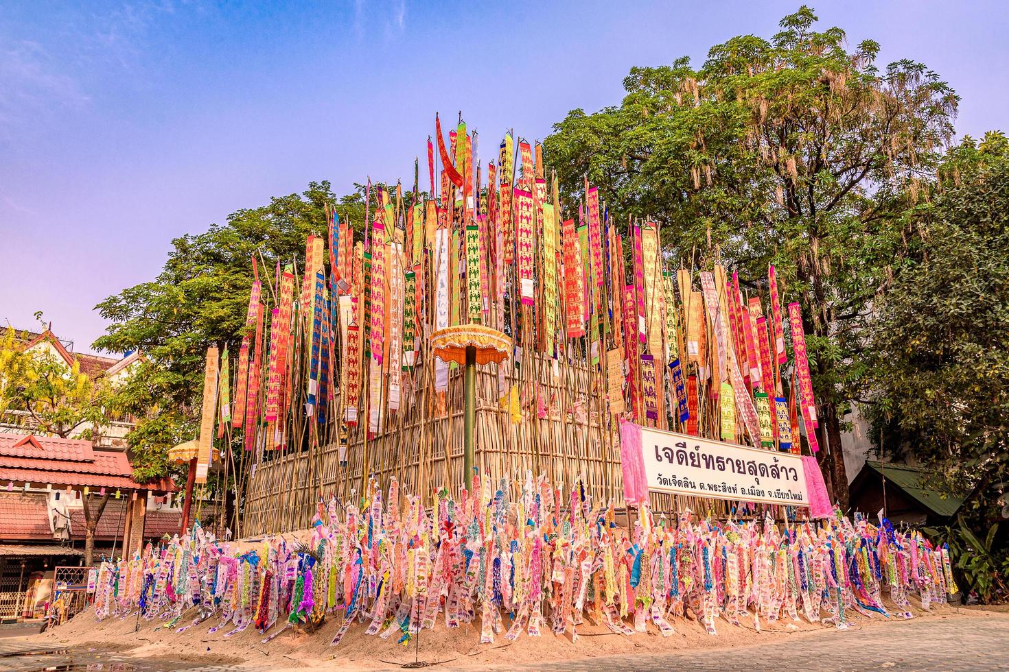 Paper flags on Sand pagoda in Songkran festival at Jedlin Temple in Muang, Chiang Mai, Thailand photo