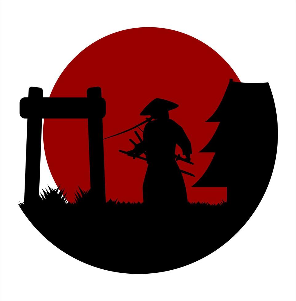 silueta samurai y también luna roja temática japonesa vector