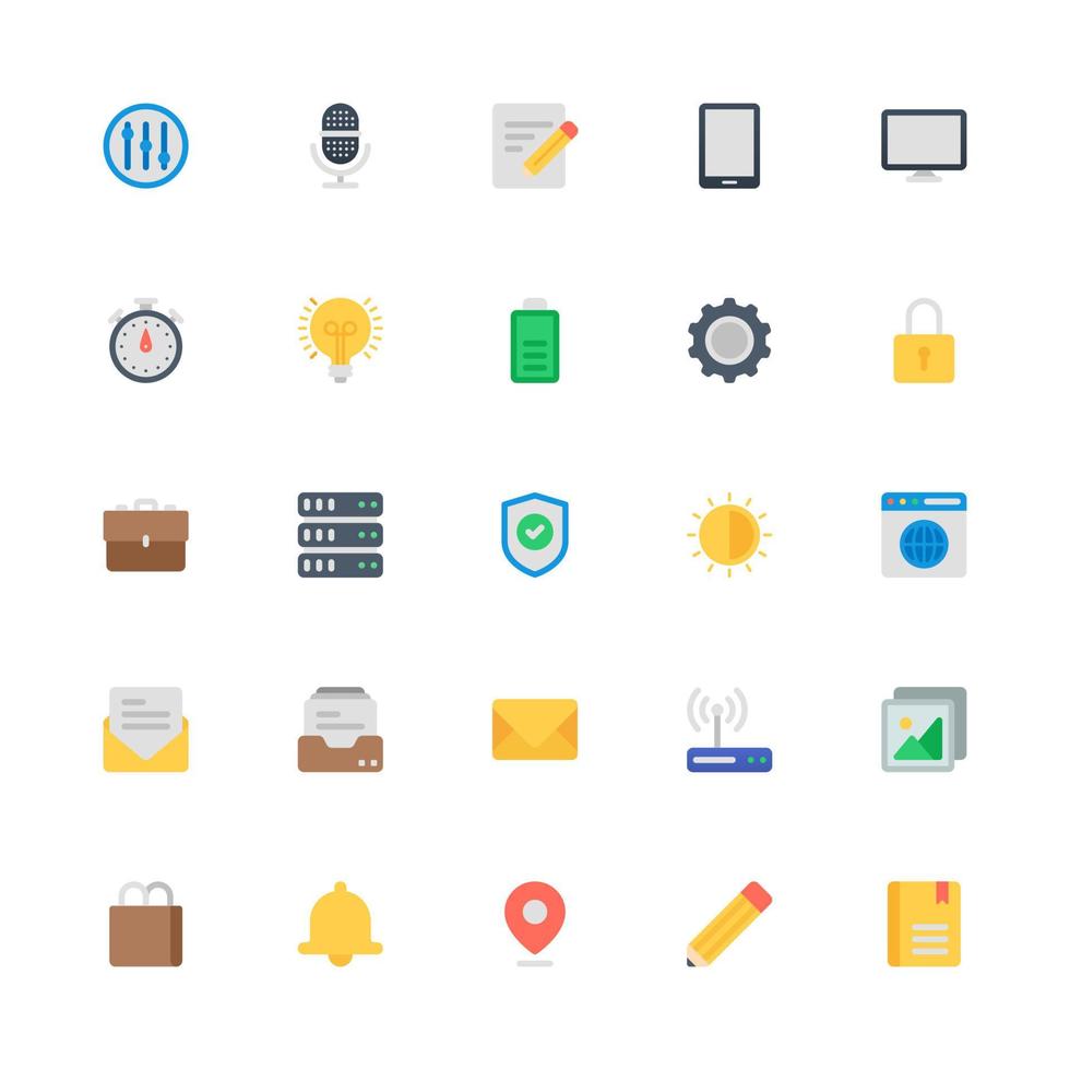 conjunto de iconos de interfaz de usuario de estilo plano. micrófono, mensaje, cronómetro, computadora y más. perfecto para sitios web, aplicaciones y presentaciones vector