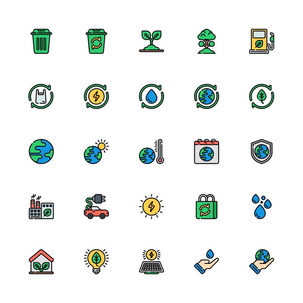 Ecology Icon Set Filled Outline Style. Renewable, Earth, Greenhouse, Plant, And More vector