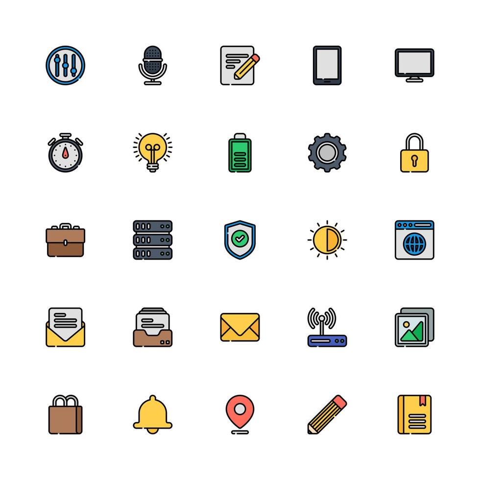 User Interface Icon Set Filled Outline Style. Microphone, Message, Stopwatch, Computer And More. Perfect For Website, Apps And Presentation vector