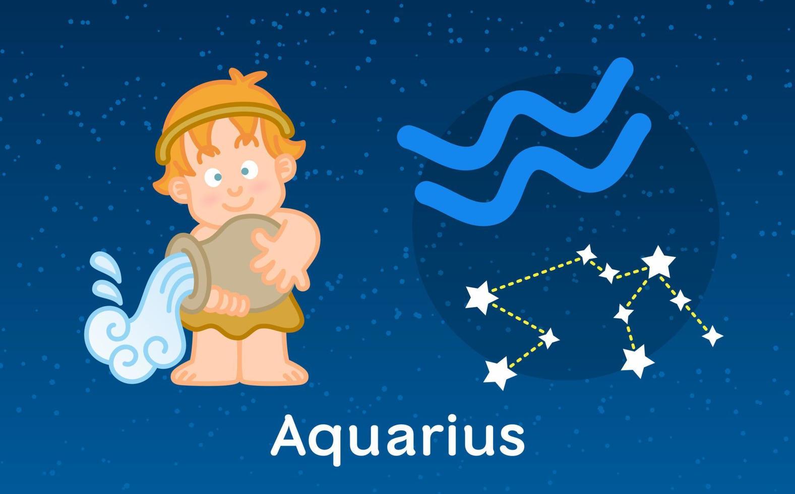 linda astrología de dibujos animados del zodíaco de acuario con signo de constelaciones. ilustración vectorial en el fondo del cielo de estrellas vector