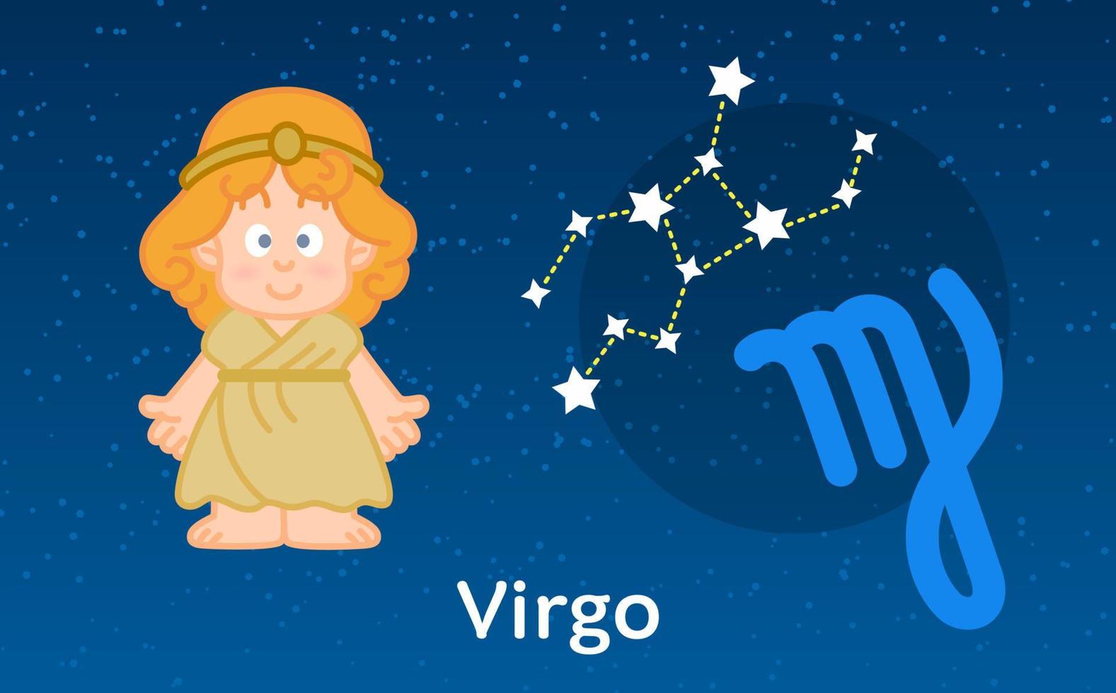 linda astrología de dibujos animados del zodiaco virgo con signo de constelaciones. ilustración vectorial en el fondo del cielo de estrellas vector