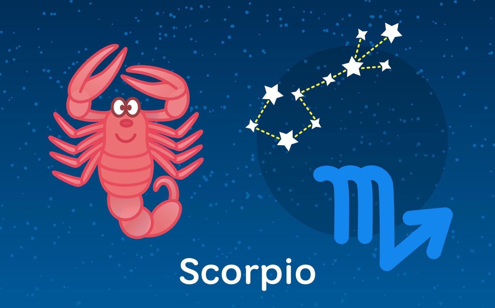 linda astrología de dibujos animados del zodíaco escorpio con signo de constelaciones. ilustración vectorial en el fondo del cielo de estrellas vector