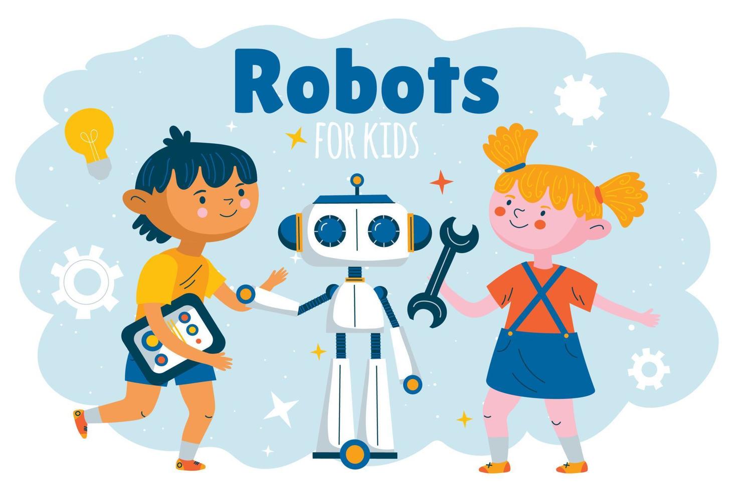 Vector cartoon girl and boy in flat hand drawn style playing and making repair the robot.