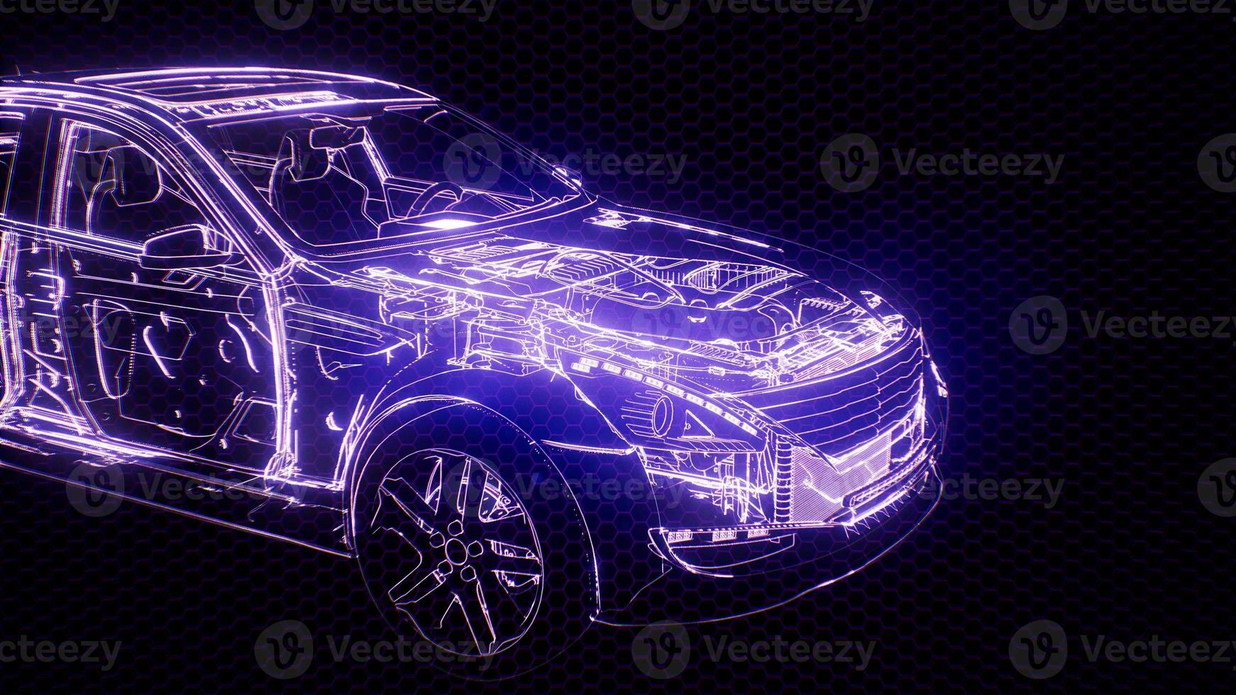 Holographic animation of 3D wireframe car model with engine photo