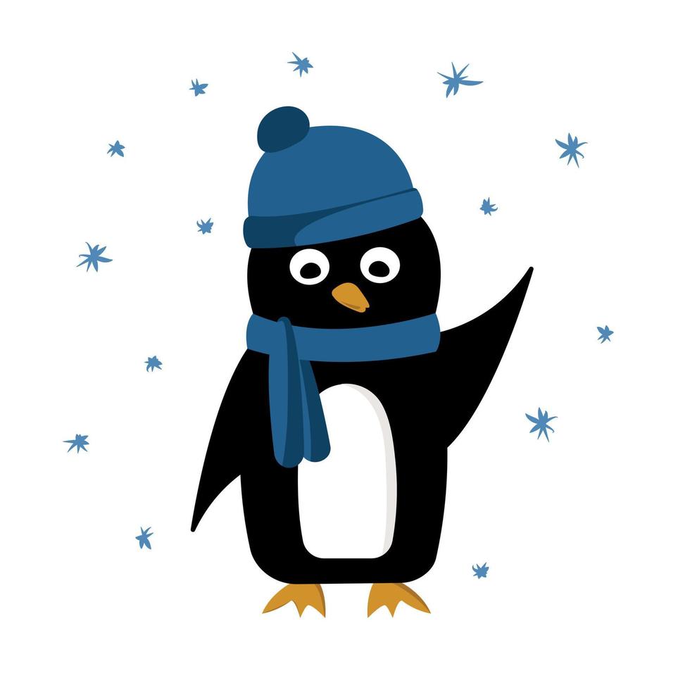 pingüino con sombrero azul y bufanda. copos de nieve vector