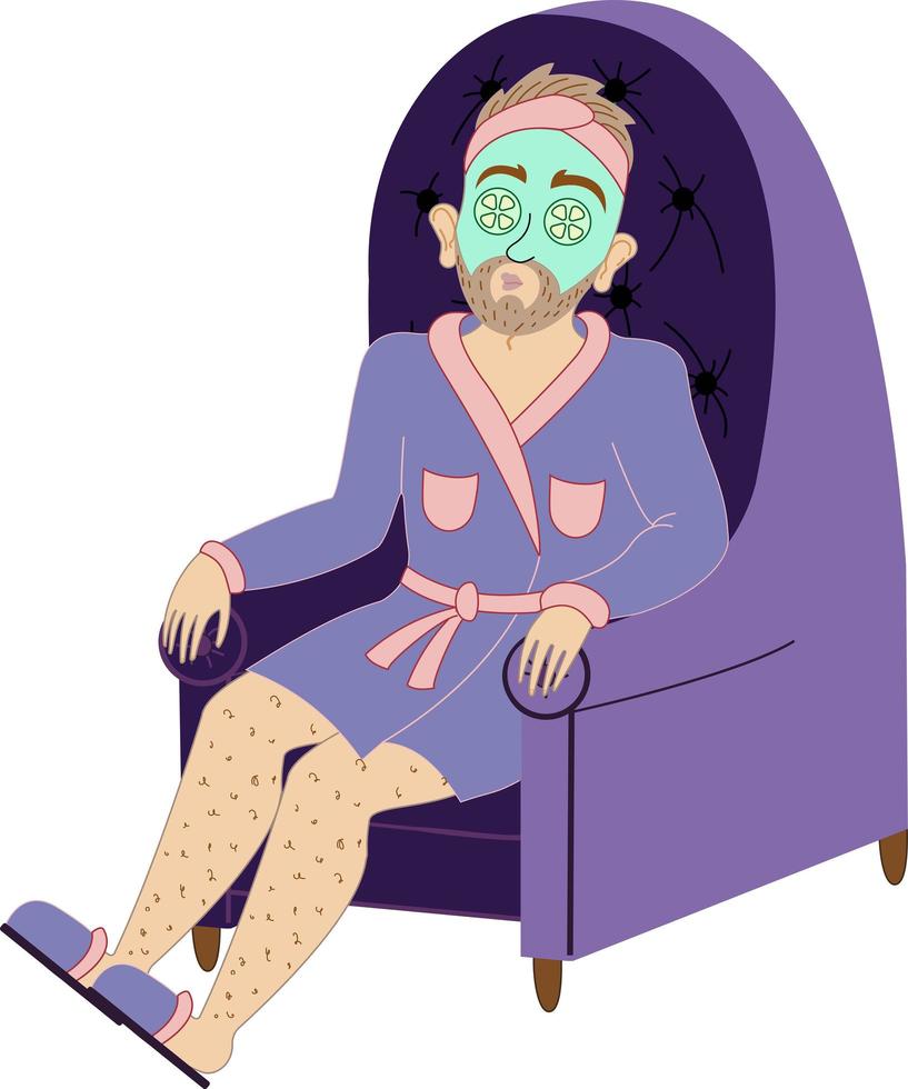 A Man in a Bathrobe is Sitting in a Chair With a Cosmetic Mask on His Face vector