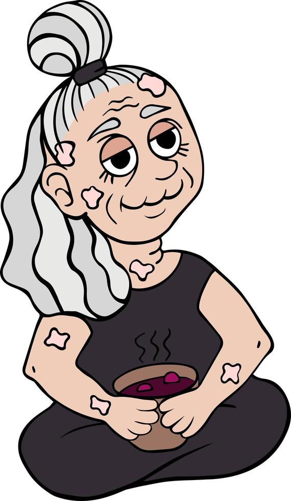 Granny With Vitiligo Sits and Eats Soup vector