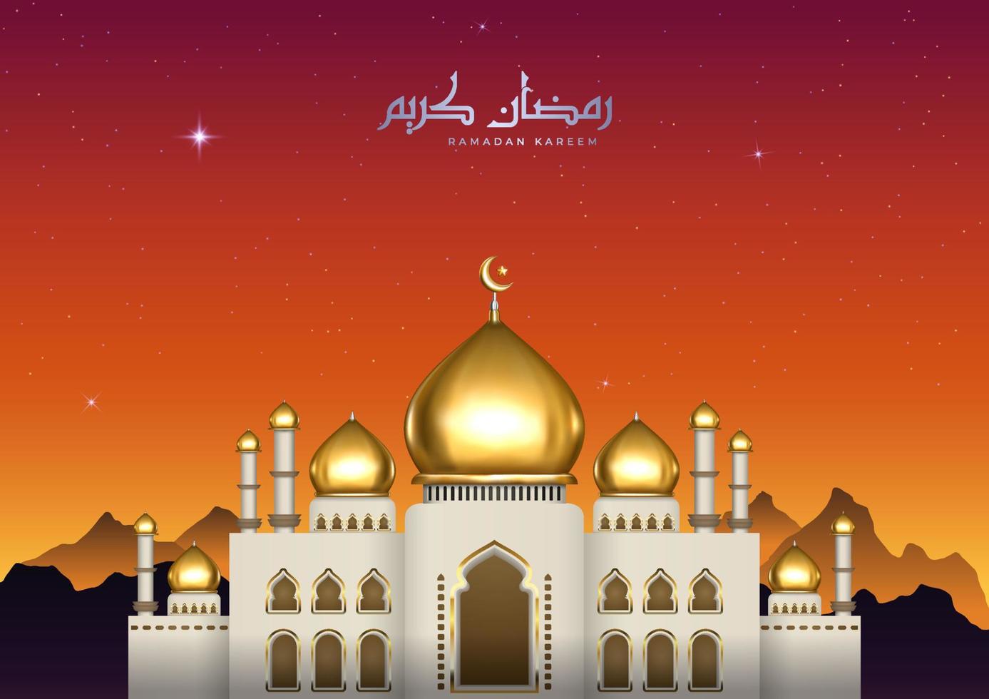 Beautiful Islamic illustration with Arabic calligraphy and gold mosque. Realistic Ramadan Kareem greeting card with sunset view vector