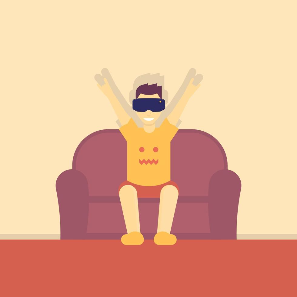 cheerful guy in virtual reality headset on couch, vector illustration