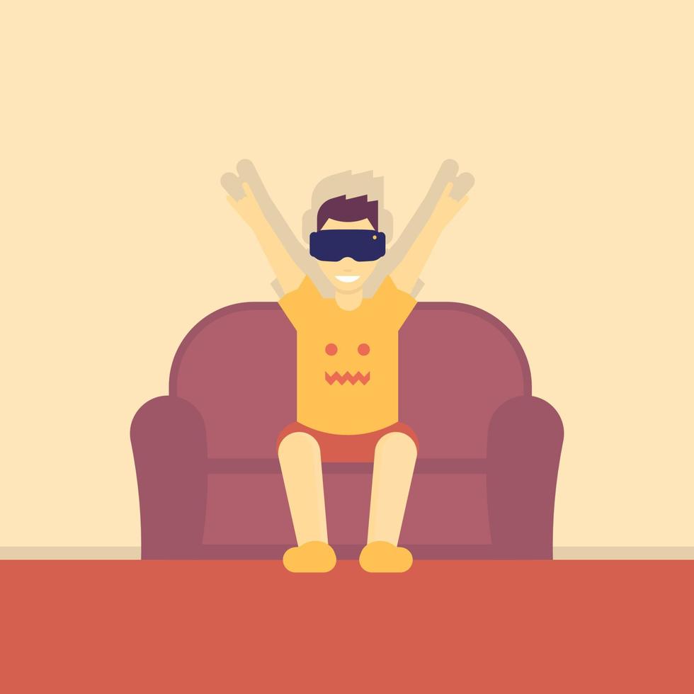 chico alegre con casco de realidad virtual en el sofá, ilustración vectorial vector