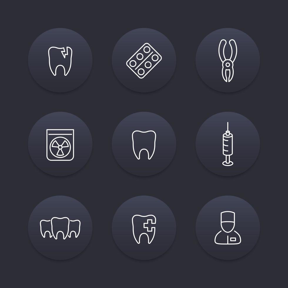 Tooth, dental care line icons, dental pliers, toothcare, stomatology, tooth pictogram, dark round icons set, vector illustration