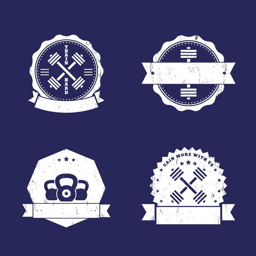 Fitness, gym logos, badges, emblems with crossed barbells vector