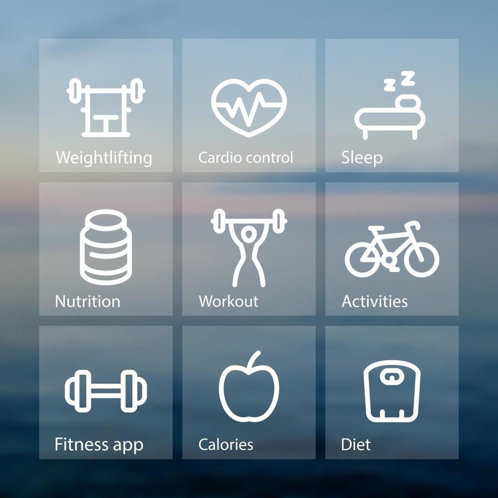 Fitness thick line icons, fit and active lifestyle, strength training, workout, vector pictograms on transparent squares