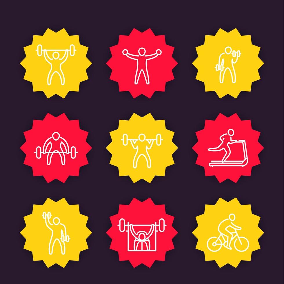 Gym, fitness exercises line icons, training vector badges set