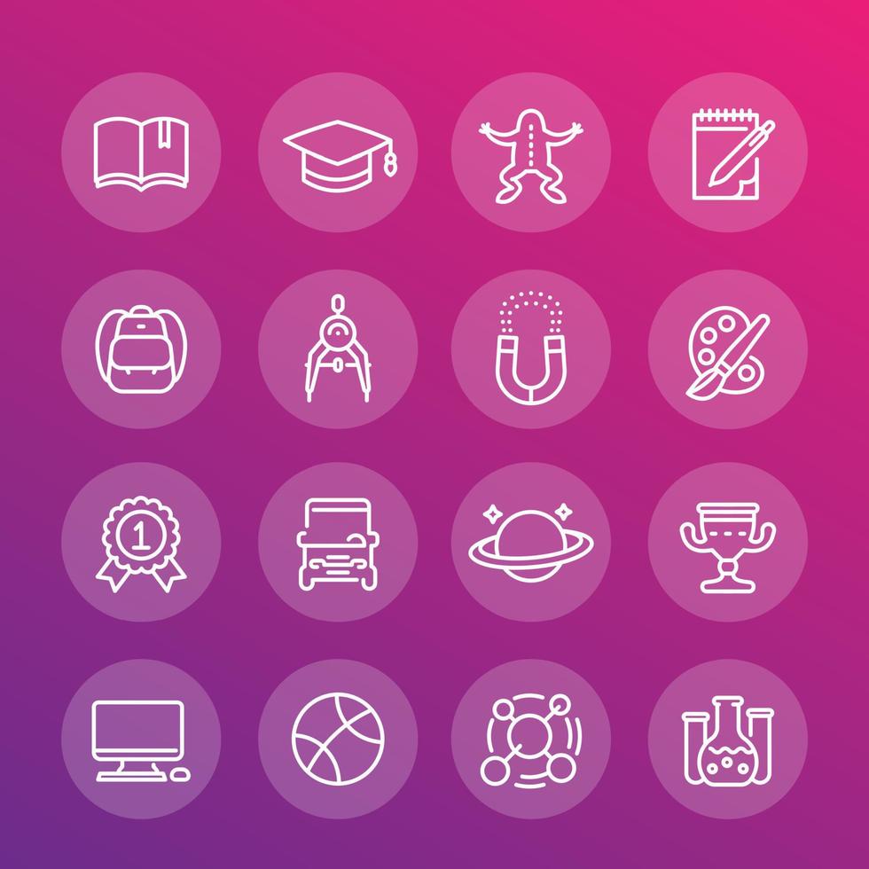 school and college line icons set, education, computer class, astronomy, physics, biology, geometry, graduation cap, backpack vector